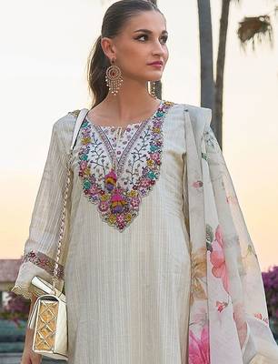 Floral Embroidered Round Neck  Cotton Straight Kurta with Trousers & Dupatta 2