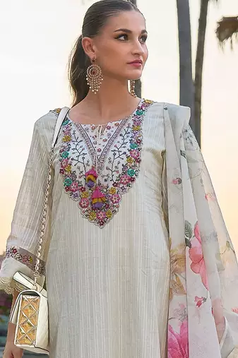 Floral Embroidered Round Neck Pure Cotton Straight Kurta with Trousers & Dupatta