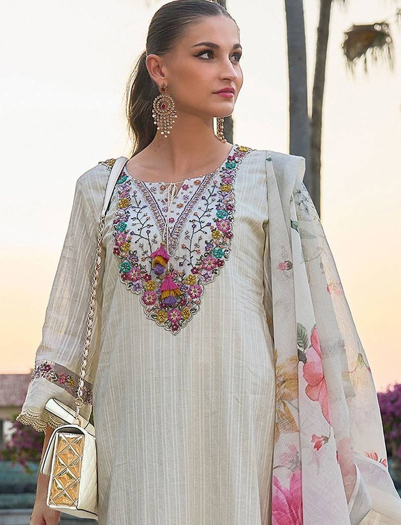 Floral Embroidered Round Neck  Cotton Straight Kurta with Trousers & Dupatta