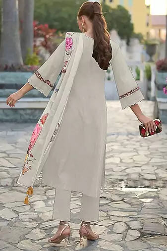 Floral Embroidered Round Neck Pure Cotton Straight Kurta with Trousers & Dupatta