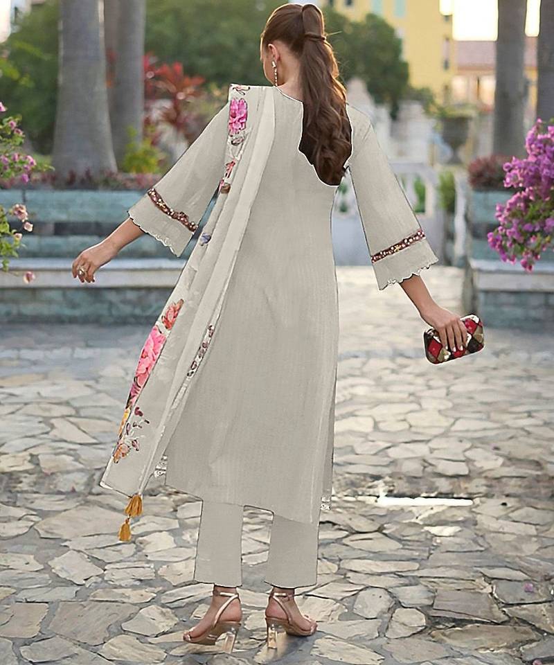 Floral Embroidered Round Neck  Cotton Straight Kurta with Trousers & Dupatta