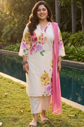 Plus Size Off White Printed Straight Kurta Trousers With Dupatta Set