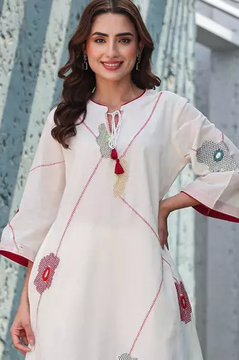 Floral Embroidered Mirror Work Tie-Up Neck  Cotton A-Line Kurta With Trousers