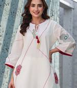 Floral Embroidered Mirror Work Tie-Up Neck  Cotton A-Line Kurta With Trousers