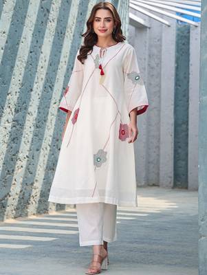 Floral Embroidered Mirror Work Tie-Up Neck  Cotton A-Line Kurta With Trousers 2