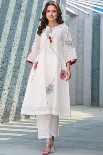 Floral Embroidered Mirror Work Tie-Up Neck  Cotton A-Line Kurta With Trousers