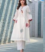 Floral Embroidered Mirror Work Tie-Up Neck Cotton A-Line Kurta With Trousers