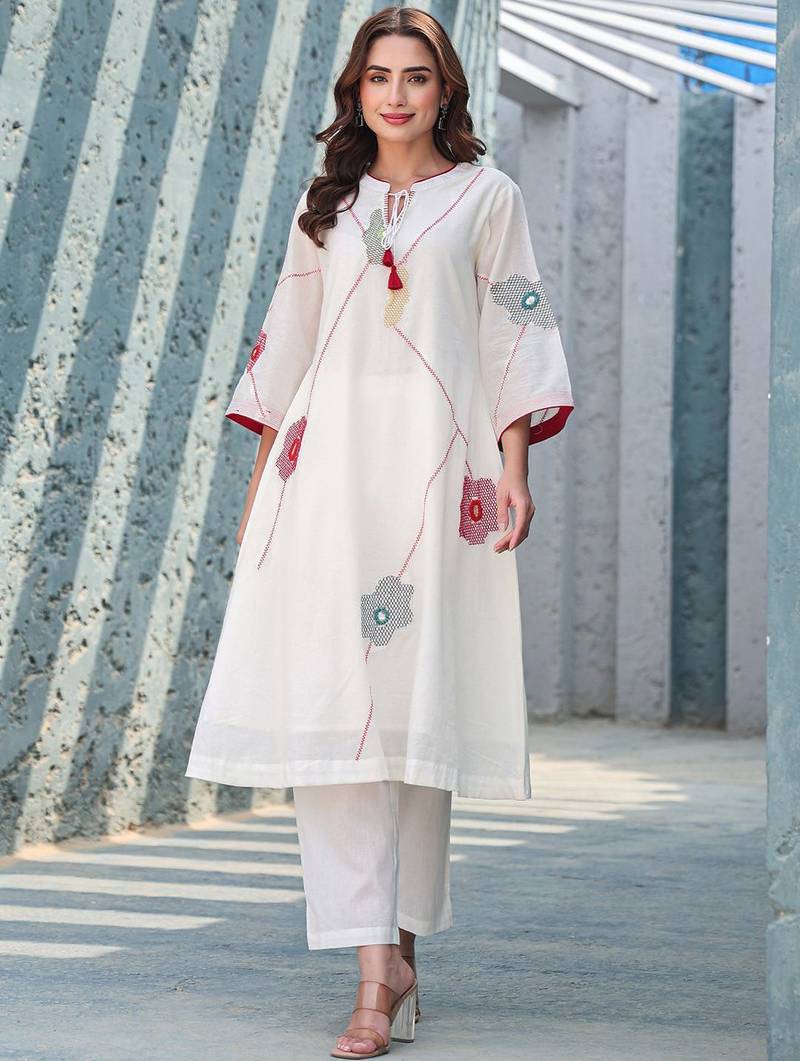 Floral Embroidered Mirror Work Tie-Up Neck  Cotton A-Line Kurta With Trousers