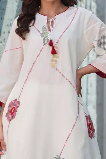 Floral Embroidered Mirror Work Tie-Up Neck  Cotton A-Line Kurta With Trousers