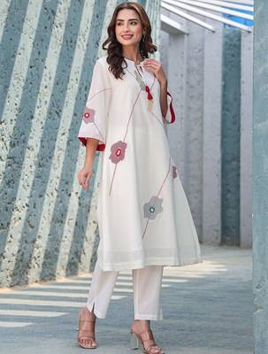 Floral Embroidered Mirror Work Tie-Up Neck  Cotton A-Line Kurta With Trousers 4