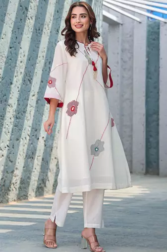 Floral Embroidered Mirror Work Tie-Up Neck  Cotton A-Line Kurta With Trousers