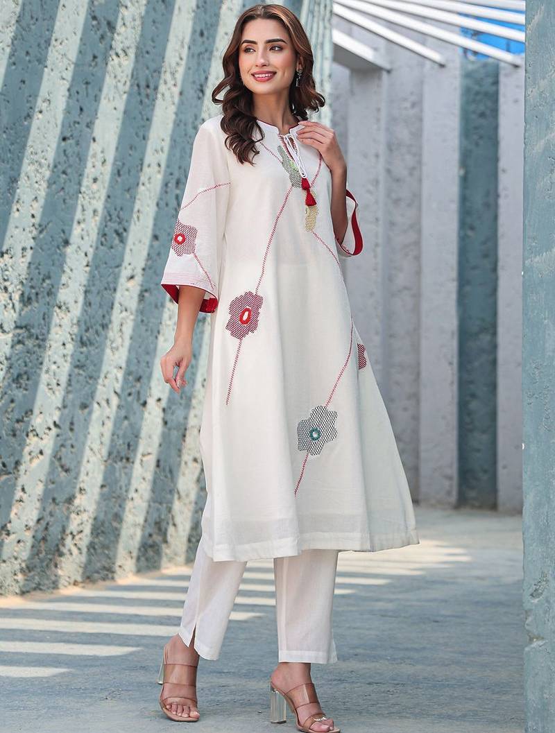 Floral Embroidered Mirror Work Tie-Up Neck  Cotton A-Line Kurta With Trousers