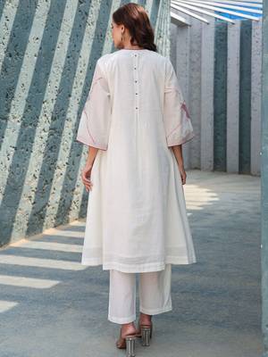 Floral Embroidered Mirror Work Tie-Up Neck  Cotton A-Line Kurta With Trousers 5