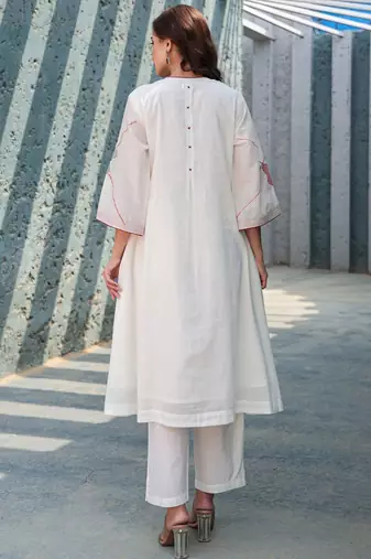 Floral Embroidered Mirror Work Tie-Up Neck  Cotton A-Line Kurta With Trousers