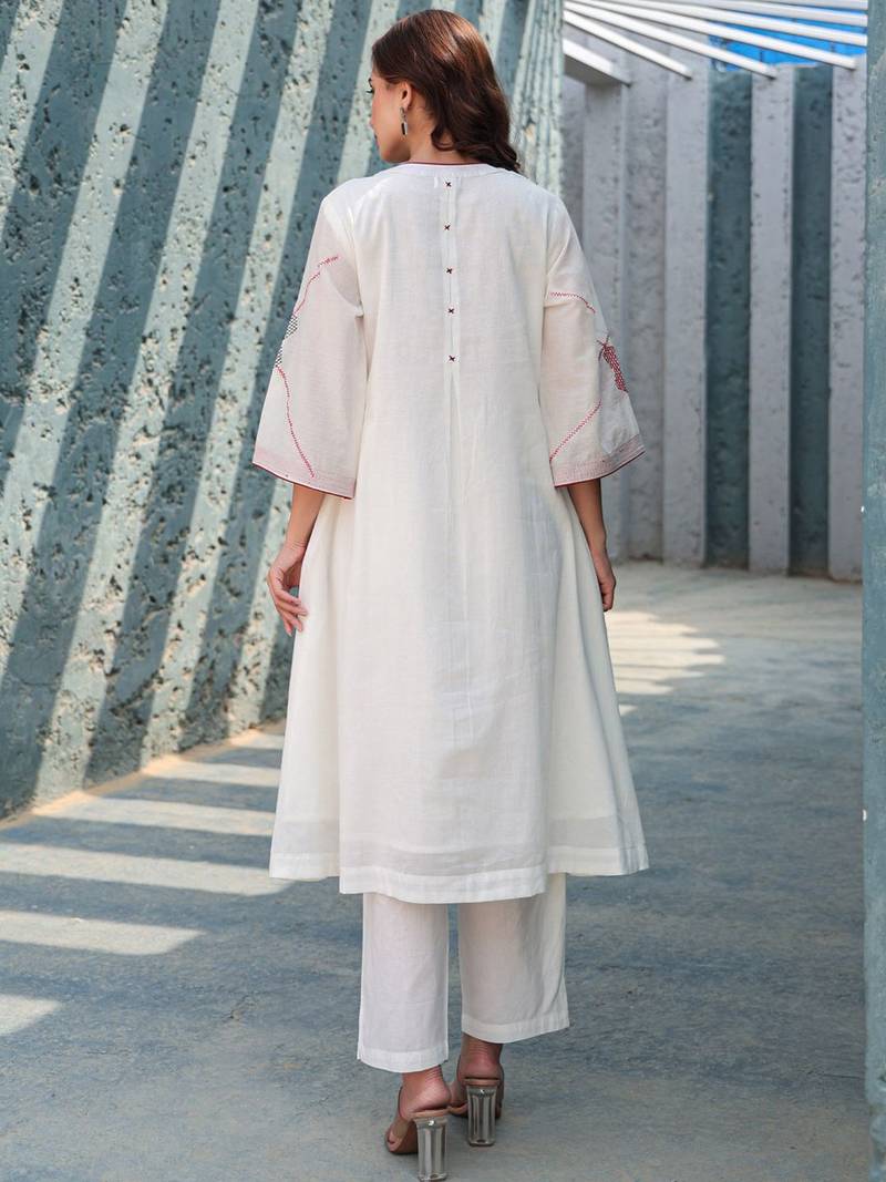 Floral Embroidered Mirror Work Tie-Up Neck  Cotton A-Line Kurta With Trousers