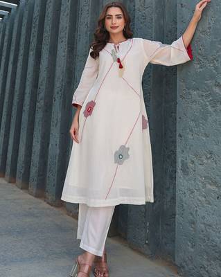 Floral Embroidered Mirror Work Tie-Up Neck  Cotton A-Line Kurta With Trousers 6