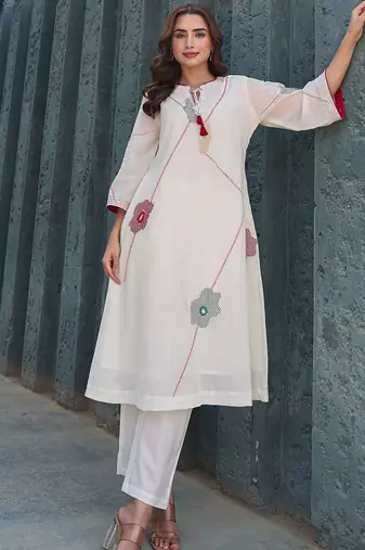Floral Embroidered Mirror Work Tie-Up Neck  Cotton A-Line Kurta With Trousers