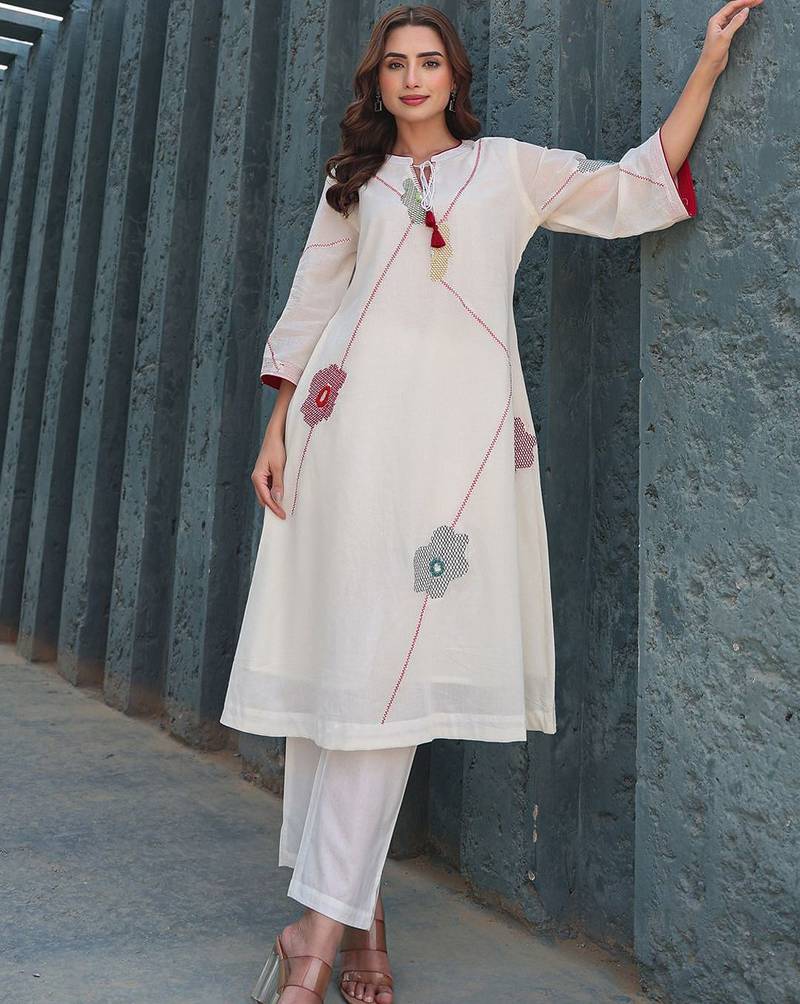 Floral Embroidered Mirror Work Tie-Up Neck  Cotton A-Line Kurta With Trousers