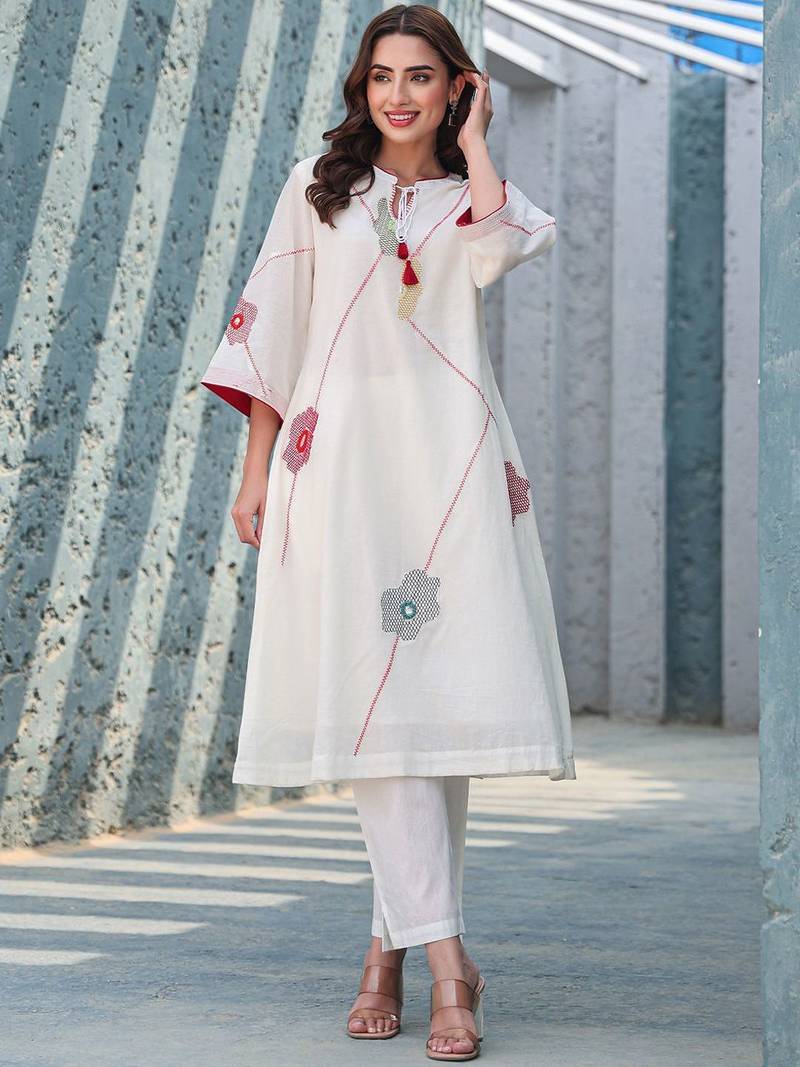 Floral Embroidered Mirror Work Tie-Up Neck  Cotton A-Line Kurta With Trousers