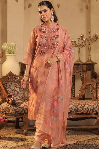 Floral Embroidered Thread Work Kurta with Trouser & With Dupatta