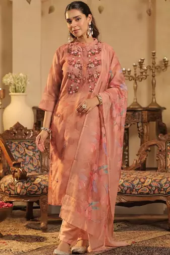 Floral Embroidered Thread Work Kurta with Trouser & With Dupatta