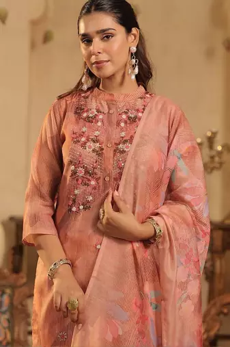 Floral Embroidered Thread Work Kurta with Trouser & With Dupatta