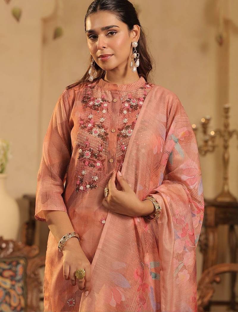 Floral Embroidered Thread Work Kurta with Trouser & With Dupatta