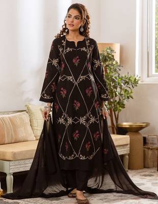 Women Floral Embroidered Regular Thread Work  Cotton Kurta with Trousers & With Dupatta 1