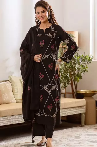 Women Floral Embroidered Regular Thread Work Pure Cotton Kurta with Trousers & With Dupatta