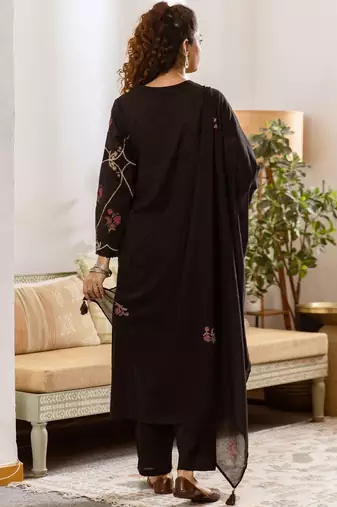 Women Floral Embroidered Regular Thread Work Pure Cotton Kurta with Trousers & With Dupatta