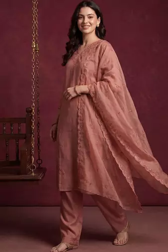 Women Embroidered Regular Sequinned Kurta with Trousers & With Dupatta