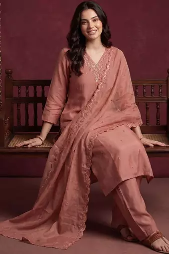 Women Embroidered Regular Sequinned Kurta with Trousers & With Dupatta