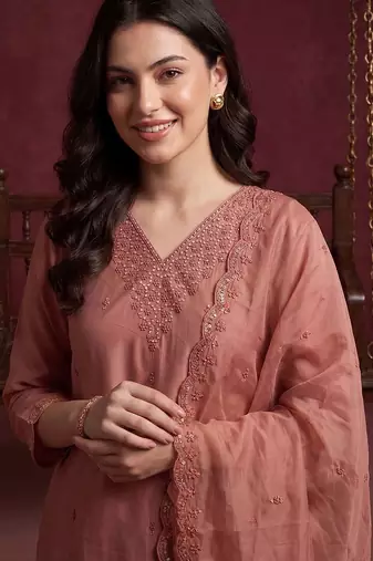 Women Embroidered Regular Sequinned Kurta with Trousers & With Dupatta