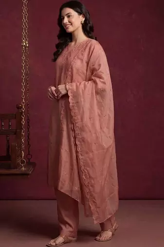 Women Embroidered Regular Sequinned Kurta with Trousers & With Dupatta