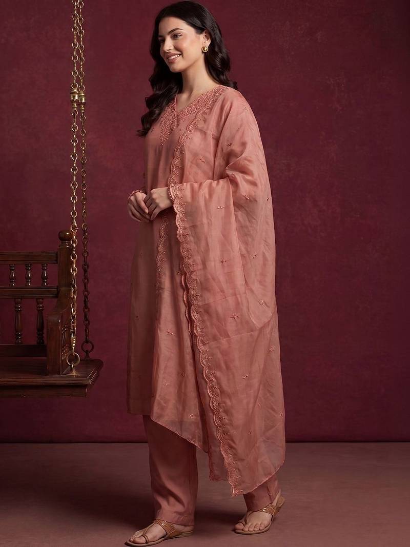 Women Embroidered Regular Sequinned Kurta with Trousers & With Dupatta