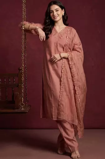 Women Embroidered Regular Sequinned Kurta with Trousers & With Dupatta
