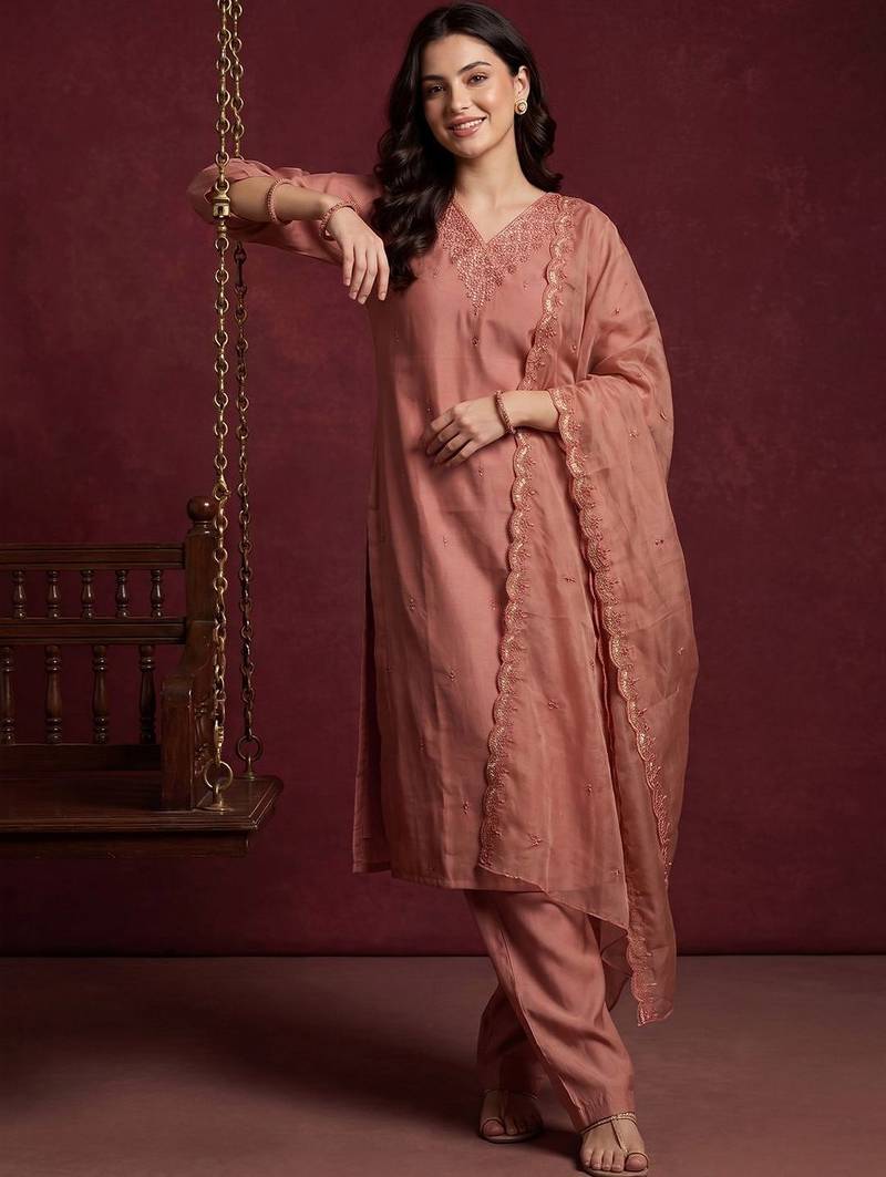 Women Embroidered Regular Sequinned Kurta with Trousers & With Dupatta