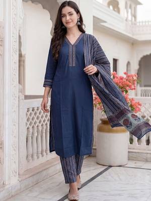 Women Ethnic Motifs Regular  Cotton Kurta with Trousers & With Dupatta 2