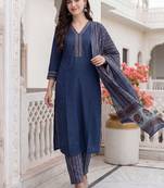 Women Ethnic Motifs Cotton Kurta with Trousers & With Dupatta
