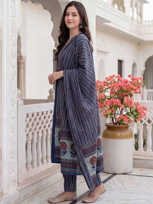 Women Ethnic Motifs Regular  Cotton Kurta with Trousers & With Dupatta 3