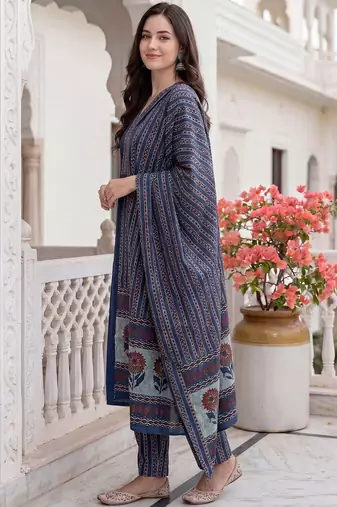 Women Ethnic Motifs Regular  Cotton Kurta with Trousers & With Dupatta