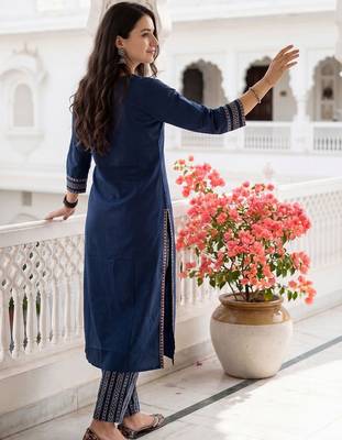 Women Ethnic Motifs Regular  Cotton Kurta with Trousers & With Dupatta 4