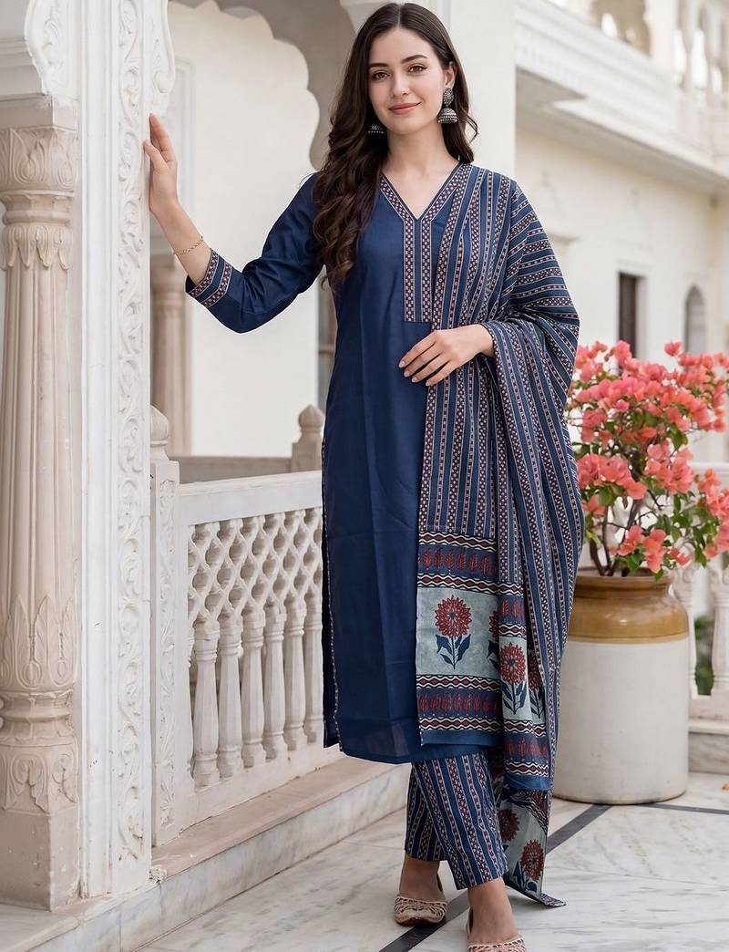 Women Ethnic Motifs Regular  Cotton Kurta with Trousers & With Dupatta