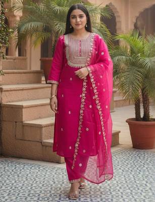 Women Ethnic Motifs Embroidered Kurta with Trousers & Dupatta 7