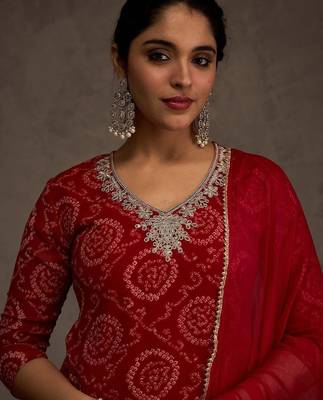 Bandhani Printed Straight Sequinned Work Kurta With Trousers & Dupatta 1