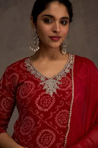 Bandhani Printed Straight Sequinned Work Kurta With Trousers & Dupatta