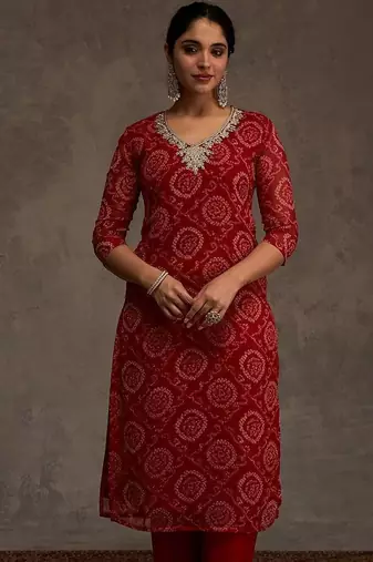 Bandhani Printed Straight Sequinned Work Kurta With Trousers & Dupatta