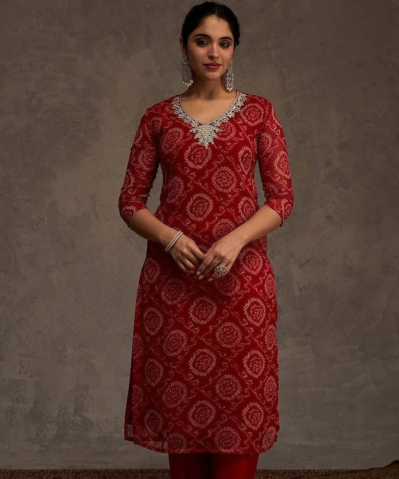 Bandhani Printed Straight Sequinned Work Kurta With Trousers & Dupatta