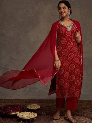 Bandhani Printed Straight Sequinned Work Kurta With Trousers & Dupatta 3