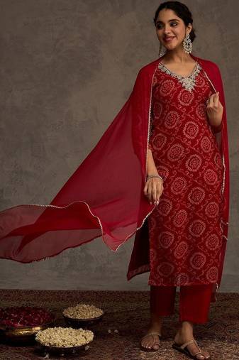 Bandhani Printed Straight Sequinned Work Kurta With Trousers & Dupatta